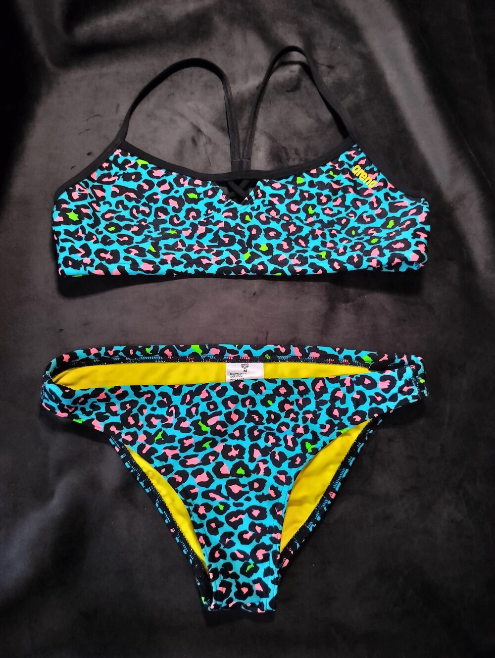 Arena Bright Blue Pink Neon Green Leopard Print Women's Bikini Set XS